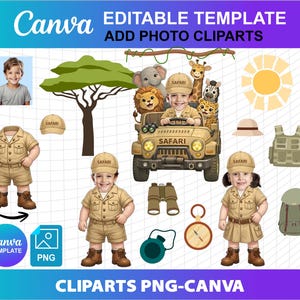 Cliparts de Safari para niños, personalizados, añade tu cara, foto PNG, Canva, editable, plantilla de adorno para cupcakes, fiesta de cumpleaños de niño, descarga de archivo digital
