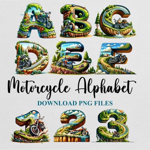 Letras del alfabeto de motocicletas, paisajes, montañas, todoterreno, imágenes prediseñadas, diseño PNG de sublimación de motocicletas, descarga instantánea de paquete de archivos digitales