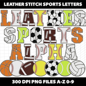 Plantillas de letras del alfabeto de cuero sintético con puntadas para fútbol, baloncesto, béisbol, fútbol, softbol y voleibol, paquete de diseño para descargar archivo digital