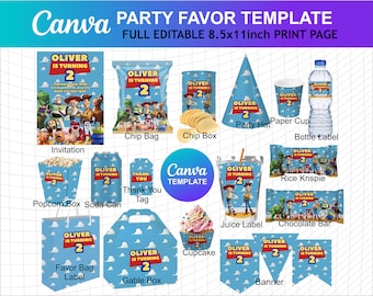 Toy Story Birthday Party Favor Canva Template Invitation Chip Bag Gable Popcorn Box Paper CupCake Label Banner Download Digital File 1 2 3 4