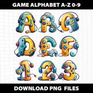Gamer Letters Alphabet Numbers Bundle Joystick and Earphones Cliparts Sublimation PNG Design Download Digital File Commercial use Printable