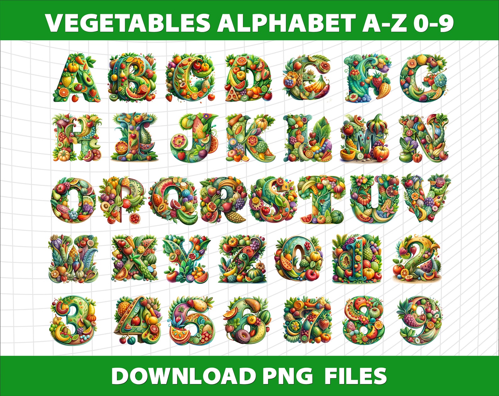 Vegetables and Fruit Letters Alphabet Numbers Cliparts Sublimation ...