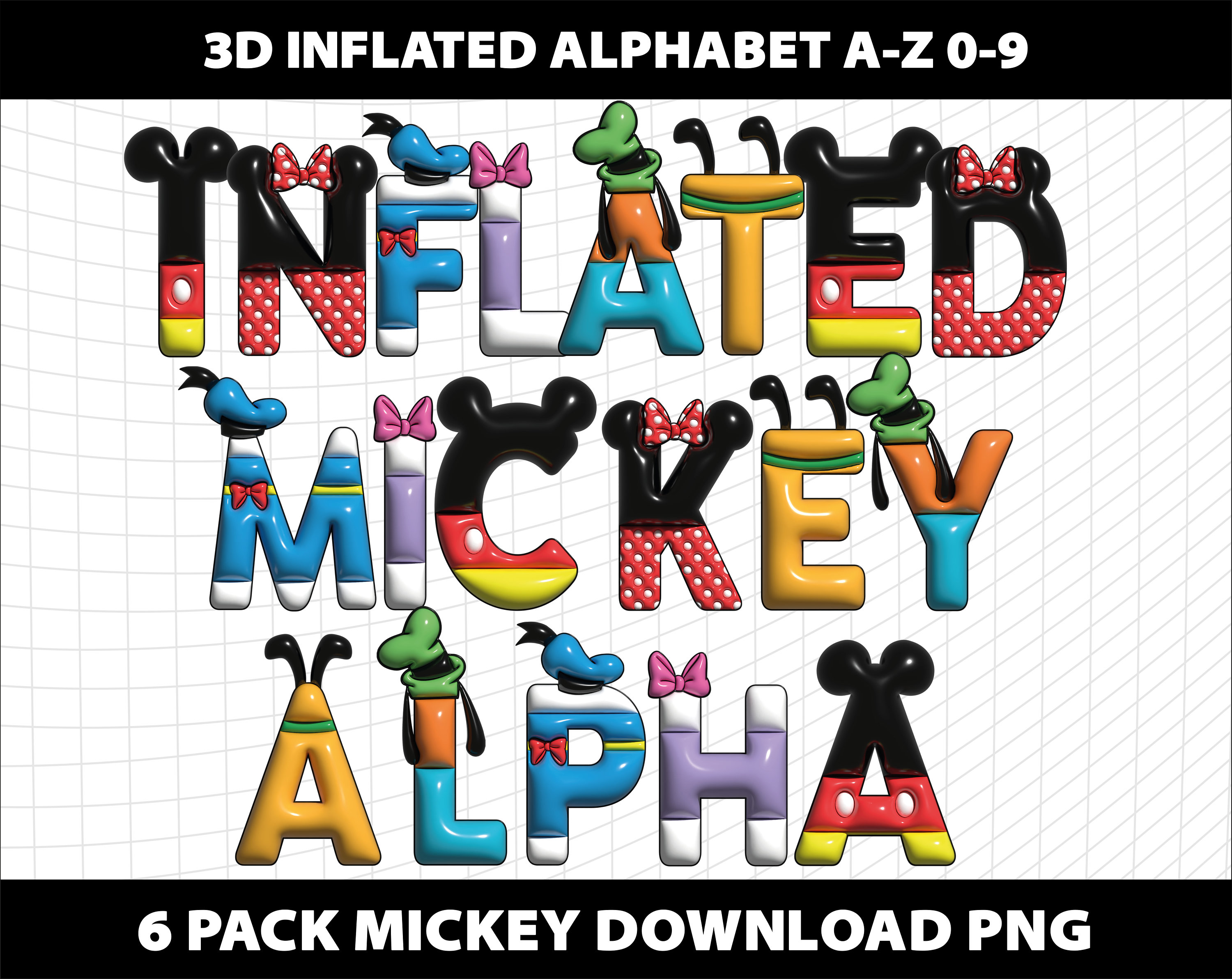 3D膨らんだミッキー文字アルファベットフォント数字6パックバンドル