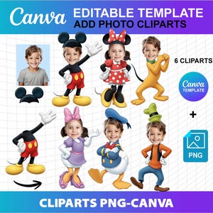 Puede incluir: Una plantilla digital para Canva con seis imágenes prediseñadas de personajes de dibujos animados con caras de niños. Los personajes incluyen Mickey Mouse, Minnie Mouse, Pluto, Pato Donald y Goofy. El texto "EDITABLE TEMPLATE ADD PHOTO CLIPARTS" y "CLIPARTS PNG-CANVA" también está presente.