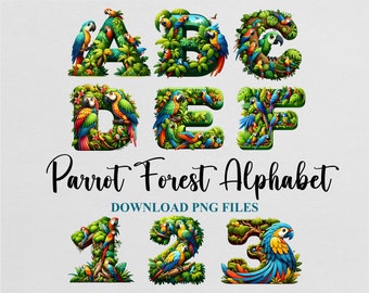 Parrot Forest Exotic Birds Letters Alphabet Cliparts Watercolor Sublimation PNG Design Download Digital File Commercial use Printable