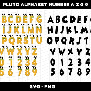 May include: A digital graphic featuring two sets of letters and numbers. One set is yellow with black accents and insect-like antennae, and the other is black. The text at the top reads "PLUTO ALPHABET-NUMBER A-Z 0-9". The bottom text reads "SVG - PNG".