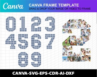 Plantilla de marco de collage de fotos con números, Canva, totalmente editable (SVG, CDR, archivo digital AI)