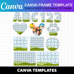 Könnte beinhalten: Grafikvorlage für Canva-Rahmen mit Puzzledesigns in Form von Buchstaben, Zahlen, einem Herz, einem Pfotenabdruck und geometrischen Formen. Der Text "CANVA FRAME TEMPLATE" und "CANVA TEMPLATES" ist enthalten.