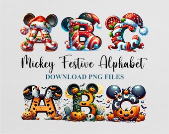 Può includere: Un set di tre lettere dell'alfabeto a tema Mickey Mouse, A, B e C. Le lettere sono decorate con temi natalizi e di Halloween. Le lettere sono rosse, verdi, bianche e dorate. Le lettere sono circondate da decorazioni natalizie e di Halloween. Il testo "Mickey Festive Alphabet" e "Download PNG Files" è sotto le lettere.