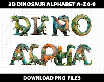 Puede incluir: Letras del alfabeto en 3D en forma de dinosaurio D-I-N-O y A-L-P-H-A. Cada letra está formada por un dinosaurio en un esquema de colores verde, azul, naranja y amarillo. Las letras están sobre un fondo de cuadrícula blanca. El texto "DOWNLOAD PNG FILES" está en la parte inferior de la imagen.