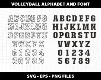 May include: Black and white alphabet and number font design inspired by a volleyball. The letters and numbers are outlined in black and filled with a pattern of a volleyball.