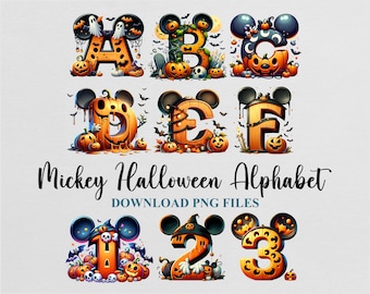 Può includere: Un set di lettere e numeri dell'alfabeto di Halloween con orecchie di Topolino. Le lettere sono A, B, C, D, E, F, 1, 2 e 3. Le lettere e i numeri sono in legno e decorate con zucche, pipistrelli e altre decorazioni di Halloween.