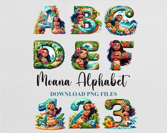 Moana Alphabet Letters Watercolor Cliparts Sublimation PNG Doodle Design Download Instant Digital File Commercial use Printable Hawaii Girl