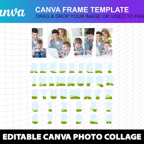 Modèle de cadre Canva Alphabet vierge et chiffres Collage de photos Anniversaire Storyboard Date commémorative Love Modèle entièrement modifiable Fichier numérique