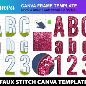 Faux Embroidery Stitch Canva Letters Alphabet Template Applique Patch Sequin Frame Bundle Design Photo Fill Editable Download Digital File