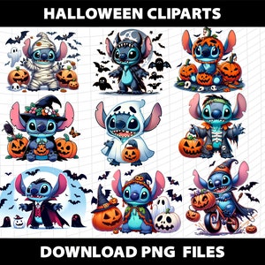 May include: Nine digital illustrations of Stitch from Lilo & Stitch dressed in various Halloween costumes. Stitch is wearing a mummy costume, a ghost costume, a skeleton costume, a vampire costume, a witch costume, a pumpkin costume, a Frankenstein costume, a werewolf costume, and a devil costume. Each illustration includes pumpkins and other Halloween-themed elements.