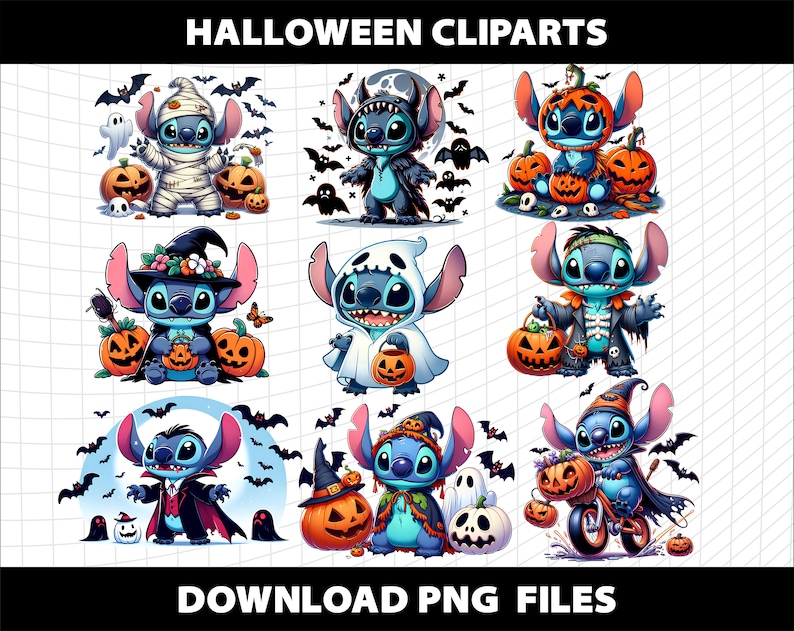 May include: Nine digital illustrations of Stitch from Lilo & Stitch dressed in various Halloween costumes. Stitch is wearing a mummy costume, a ghost costume, a skeleton costume, a vampire costume, a witch costume, a pumpkin costume, a Frankenstein costume, a werewolf costume, and a devil costume. Each illustration includes pumpkins and other Halloween-themed elements.