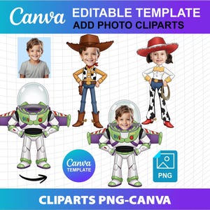 Toy Story Clipart Anpassade Lägg till ditt ansikte Eget foto PNG Canva Redigera DIY Födelsedagsfest Tårtdekorationsmall Ladda ner Digital fil Pojke Flicka