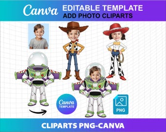 Cliparts Toy Story personnalisés ajoutez votre propre photo de visage PNG sur toile, bricolage modèle de décoration de gâteau de fête d'anniversaire à télécharger fichier numérique garçon fille