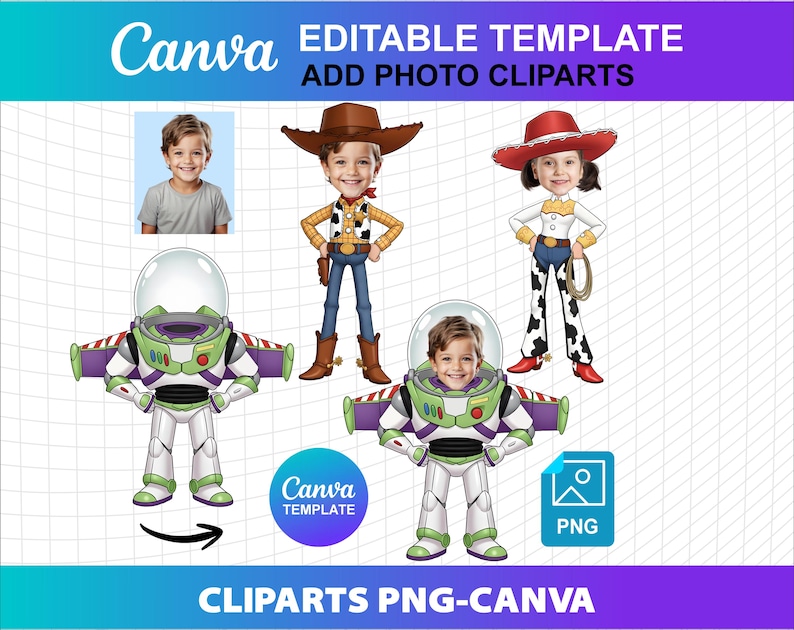 Cliparts de Toy Story personalizados, agrega tu cara, foto propia, PNG, Canva, edita, hazlo tú mismo, plantilla de adorno para pastel de fiesta de cumpleaños, descarga el archivo digital, niño y niña imagen 1