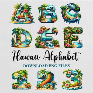 Paquete de imágenes prediseñadas de letras del alfabeto y números de Hawái, diseño PNG de sublimación, descarga de archivo digital, uso comercial, imprimible