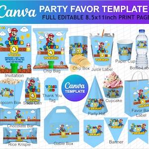 Mario Geburtstags-Gastgeschenk Canva Vorlage Einladung Chip Tüte Popcorn Box Papiertasse Kuchen Label Banner Download Digitale Datei 1 2 3 4 5