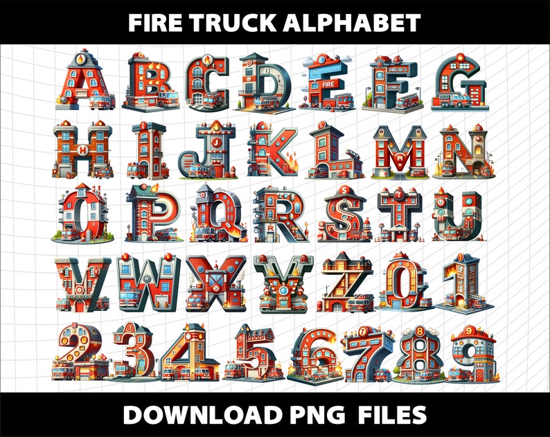 May include: A colorful alphabet made up of fire truck illustrations. Each letter is a red fire truck with black accents and white windows. The letters are arranged in alphabetical order and the numbers 0-9 are included.