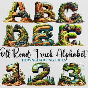 Puede incluir: Alfabeto de camiones todoterreno, un conjunto de letras y números coloridos formados por camiones todoterreno que conducen por caminos de tierra sinuosos. Las letras son A, B, C, D, E, F, y los números son 1, 2 y 3.