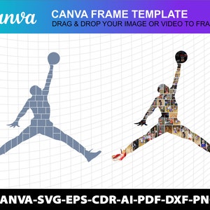 Op de afbeelding: Een silhouet van een basketballer in een springende pose, gemaakt van kleinere afbeeldingen van basketballers. Het silhouet is in grijstinten tegen een witte achtergrond met een rasterpatroon.