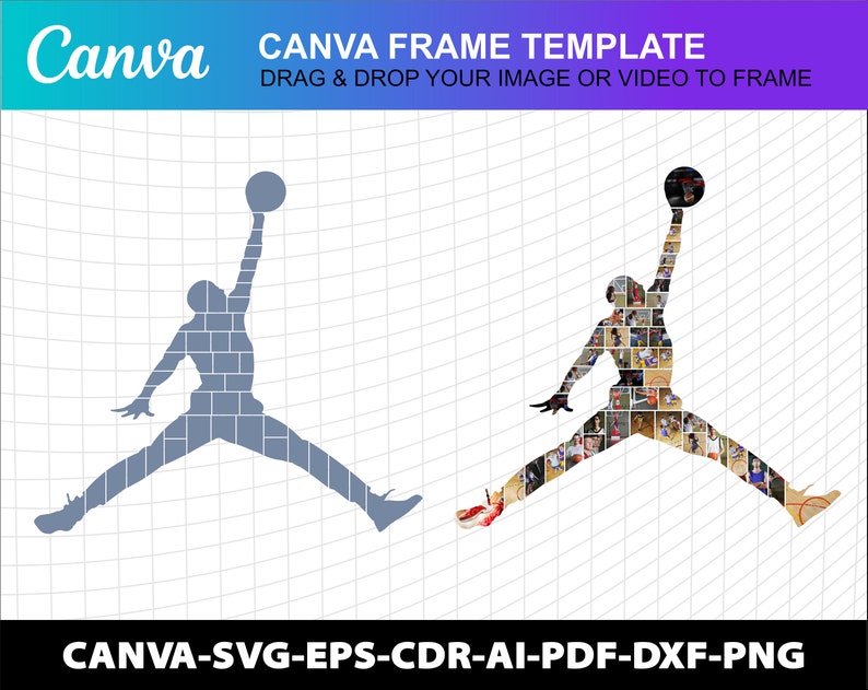 Op de afbeelding: Een silhouet van een basketballer in een springende pose, gemaakt van kleinere afbeeldingen van basketballers. Het silhouet is in grijstinten tegen een witte achtergrond met een rasterpatroon.