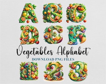 Vegetables and Fruit Letters Alphabet Numbers Cliparts Sublimation TShirt Poster PNG Design Download Digital File Commercial use Printable