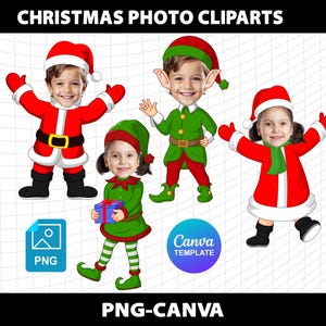 May include: Christmas photo cliparts featuring children dressed as Santa Claus and elves. The Santa Claus characters wear red suits with black boots and belts. The elves wear green outfits with red accents. The image includes a PNG icon and a Canva template logo.