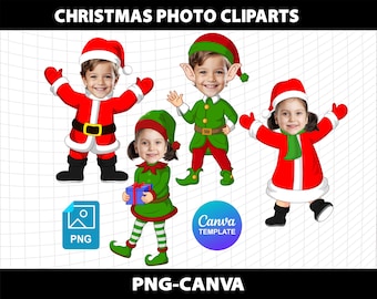Cliparts de elfos navideños para niños personalizados. Agrega tu foto PNG - Plantilla de fiesta de cumpleaños editable de Canva. Descarga el archivo digital. Agrega una persona a la foto.