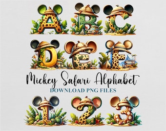 Mickey Safari Alphabet Letters Watercolor Cliparts Sublimation PNG Doodle Design Download Instant Digital File Commercial use Printable