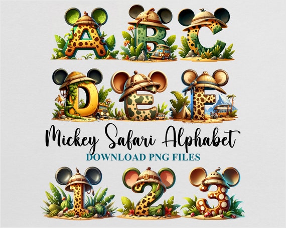 Mickey Safari Alphabet Letters Watercolor Cliparts Sublimation PNG Doodle Design Download Instant Digital File Commercial use Printable