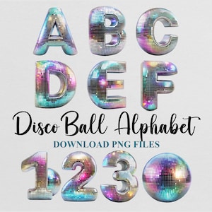 May include: A set of alphabet letters and numbers made to look like disco balls. The letters are A, B, C, D, E, F and the numbers are 1, 2, 3.  The letters and numbers are silver with iridescent rainbow colored tiles.  There is also a single disco ball in the image.  Download PNG files.