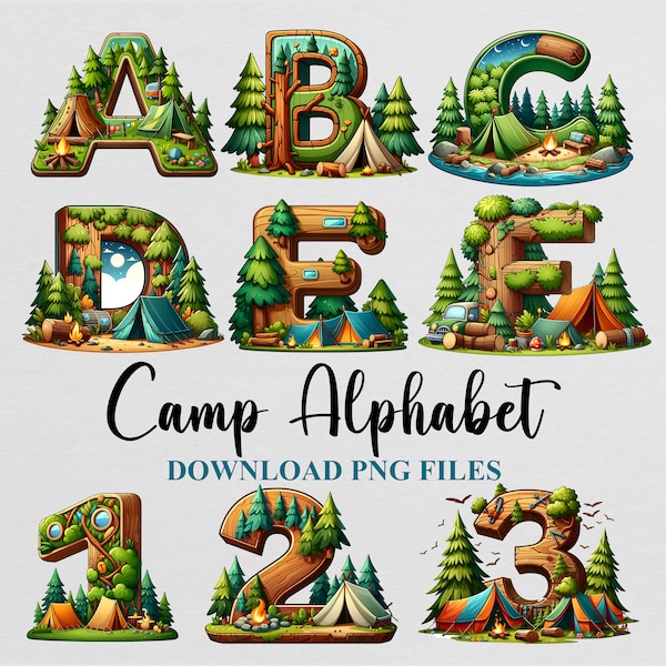 Camp Forest Outdoor Letters Alphabet Numbers Cliparts Bundle Sublimation PNG Design Download Digital File Commercial use  Printable