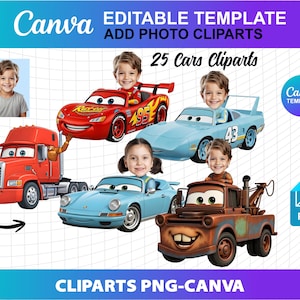 Cars Cliparts Customized Add Your Face Own Photo PNG Canva DIY Birthday Party Cake Topper Template Download Digital File Baby Girl Boy