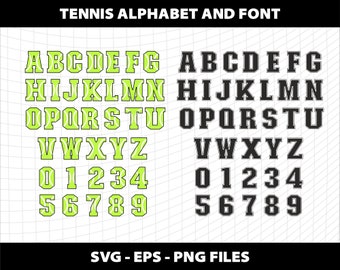 Letras de fuente del alfabeto deportivo de tenis SVG Paquete universitario de tenis Número Diseño de alfabeto SVG de tenis Descarga de archivo digital