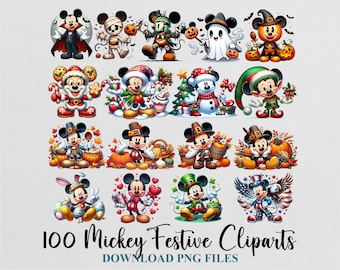 Mickey Cliparts Halloween Christmas Thanksgiving Day Holiday Festive Watercolor PNG Bundle Template Design Download Digital File