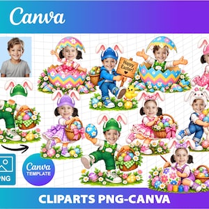 Peut inclure: Une collection numérique d'images clipart sur le thème de Pâques représentant des enfants aux visages personnalisables, portant des oreilles de lapin et tenant des paniers d'œufs colorés, avec de l'herbe fleurie et des poussins.