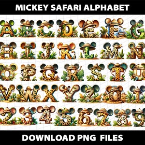 Puede incluir: Letras y n&uacute;meros del alfabeto safari de Mickey Mouse en un entorno de jungla. Cada letra y n&uacute;mero est&aacute; decorado con un estampado de animal de safari y un sombrero de orejas de Mickey Mouse.