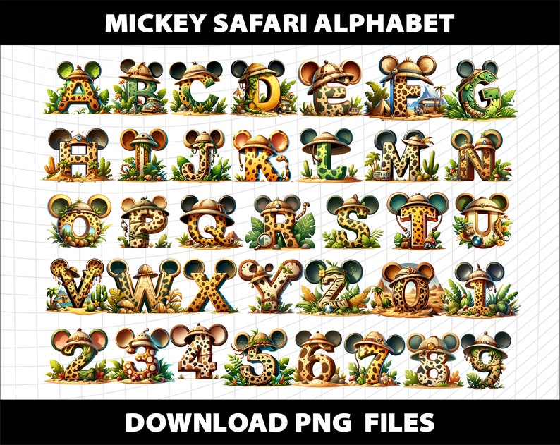 Puede incluir: Letras y n&uacute;meros del alfabeto safari de Mickey Mouse en un entorno de jungla. Cada letra y n&uacute;mero est&aacute; decorado con un estampado de animal de safari y un sombrero de orejas de Mickey Mouse.