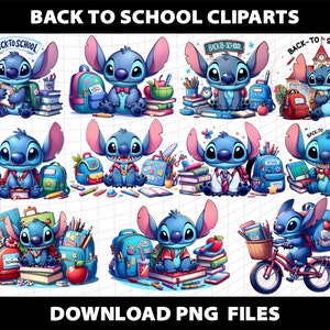 May include: Ten digital clipart images featuring a blue cartoon character with large ears and a stitched appearance. The character is dressed in a red and white shirt and a blue tie. The character is surrounded by school supplies, including books, pencils, a backpack, and a bicycle. The text "Back to School" appears in the image.