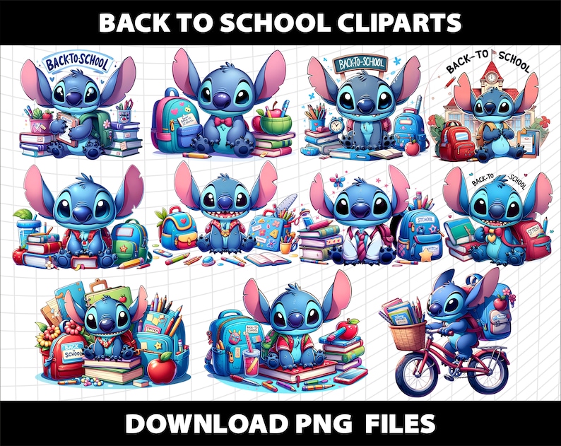 May include: Ten digital clipart images featuring a blue cartoon character with large ears and a stitched appearance. The character is dressed in a red and white shirt and a blue tie. The character is surrounded by school supplies, including books, pencils, a backpack, and a bicycle. The text "Back to School" appears in the image.