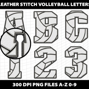 May include: A-Z and 0-9 letters and numbers in a white and black volleyball design. The letters and numbers are outlined in black and have a stitched leather look. 300 DPI PNG files.