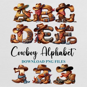 Cowboy Letras Ocidentais Alfabeto Cliparts Aquarela Sublimação PNG Design Baixar arquivo digital para uso comercial para impressão