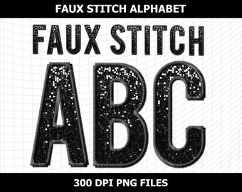 Faux Embroidery Stitch Black Sequin Letters Alphabet Numbers Applique Patch Bundle Design Download Digital File