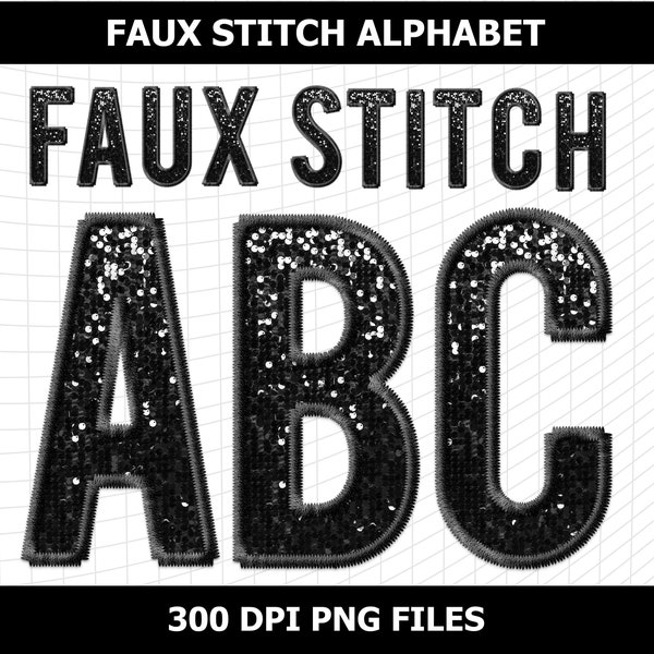 Faux Embroidery Stitch Black Sequin Letters Alphabet Numbers Applique Patch Bundle Design Download Digital File