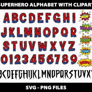 Letras del alfabeto del doodle de superhéroe Svg Número de cumpleaños de superhéroe 1 2 3 4 5 6 7 8 9 Araña superhéroe Svg Png Descargar archivo digital